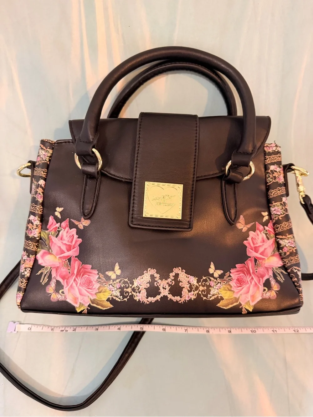 Betsey Johnson Floral Accent Black Satchel Handbag - Pink Rose Print - 💐